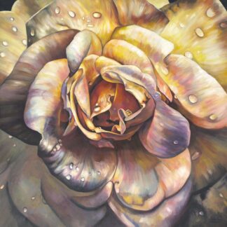 The image depicts a close-up of a vibrantly painted rose with dewdrops on its petals. By Greer Ralston